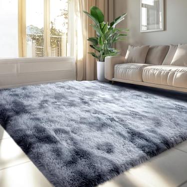 Imagem de Tapetes macios de 12 x 18 cm para quarto: tapetes peludos para quarto - tapetes macios de pelúcia cinza escuro 12 x 18 cm para sala de estar - Tapetes felpudos cinza escuro tingidos com gravata (cinza