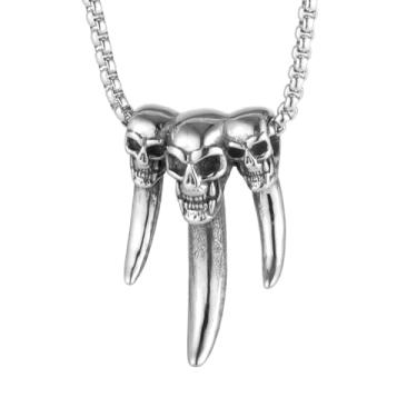 Imagem de Colar masculino gótico punk hip hop rock tribo viking caveira e dentes de lobo, aço inoxidável 316L, corrente quadrada de pérola de aço inoxidável prata, joia retrô, Standard, Aço inoxidável, Sem