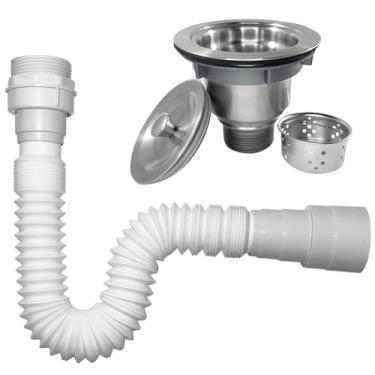 Imagem de Dona D.cor, Sifão Sanfonado Universal E Válvula Higiênica 4 1/2 Inox Ralo Pia Com Cesto Escoamento Sifao De Plástico Tubo Flexível Kit Instalação Cozinha