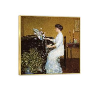 Imagem de At the Piano por Childe Hasam Famosa Pintura de Arte de Parede - Cartazes e Impressões Famosos - Decoração Emoldurada de Sala de Estar Impressões de Arte 60 x 60 cm (23,7 x 23,7 pol.) Moldura dourada