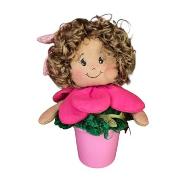 Imagem de Boneca Flor Decorativa, Decoração Infantil em Vaso Rosa, Cabelo Cacheado Loiro 15cm