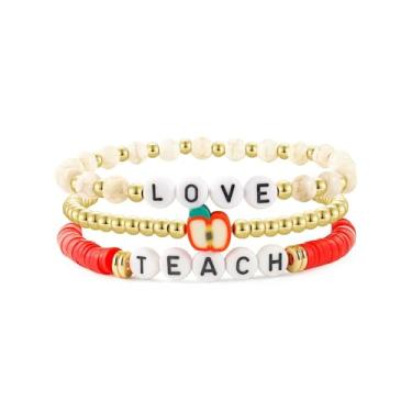 Imagem de QLUYCKW Pulseira de contas de madeira para professores, exclusiva, feita à mão, empilhável, maçã, amor, professor, letra, contas, formatura, joias de fim de ano, Medium, Zinco, Sem Pedra Preciosa