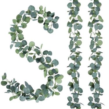 Imagem de Sggvecsy Pacote com 6 guirlandas artificiais de eucalipto, folhas verdes feitas à mão, videiras de seda 3D, folhas de dólar prateadas, plantas de folhas falsas para casamento, parede, mesa, festa