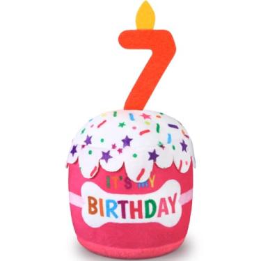 Imagem de Dansydaisy Acessórios de brinquedo de bolo de 7º aniversário para meninas e meninos, brinquedo de pelúcia rosa para decoração de festa de aniversário para cães grandes, médios e pequenos