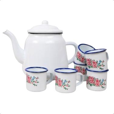 Imagem de Kit Bule Ferro Esmaltado 1,7L Bico de Ganso com 6 Xícaras 90ml Rústicas (Branco Floral)