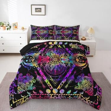 Imagem de Feelyou Conjunto de cama Queen com sol e lua para meninos, meninas, exótico, boêmio, roxo, preto, enchimento de edredom para crianças, cósmica, celestial, para decoração de quarto de adolescentes,