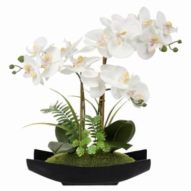 Imagem de Briful Orquídea artificial flores de seda orquídea falsas brancas 38 cm com vaso preto Phalaenopsis falso arranjo para casa, escritório, sala de mesa, decoração moderna