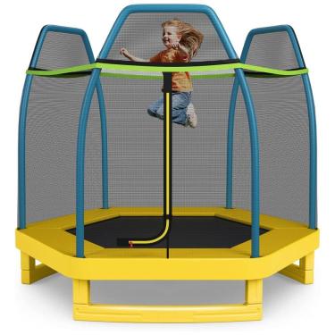 Imagem de Giantex Cama Elastica Infantil com Diâmetro e Rede de Proteção para até 100 kg, Amarelo, Verde