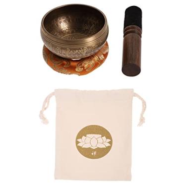 Imagem de Conjunto de meditação tibetano feito à mão - Tigela de sino de cobre com golpe de madeira para relaxamento de ioga e harmonia espiritual