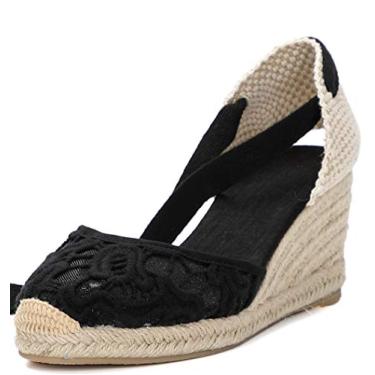 Imagem de U-lite Sandálias femininas tipo espadrille cunha, bico fechado, plataforma com cadarço, tira no tornozelo, slingback para o verão, Renda preta - 6,3 cm, 39