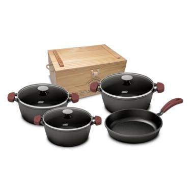 Imagem de MTA - Conjunto de 4 Peças de Caçarolas com Tampa de Vidro e Frigideira com Alças de Silicone, Caixa de Madeira, Linha Ferro Fundido