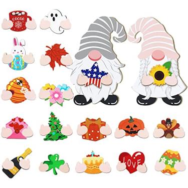 Imagem de 20 peças de gnomo de madeira do dia de São Patrício, 18 placas de gnomo intercambiáveis de madeira artesanato sazonal, 2 recortes de madeira de gnomo grosso para festa de São Patrício, decoração de casa