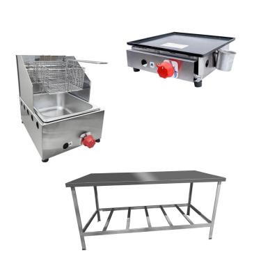 Imagem de Kit Lanchonete Mesa De Manipulação 190x70cm + Fritadeira A Gás 1 Cuba + Chapa A Gás 30cm Alcamar
