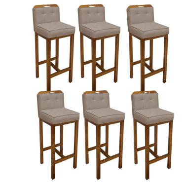 Imagem de Kit 06 Banqueta Alta Com Encosto Agnes Cozinha Balcão Bistrô Carvalho Corino Bege - Amey Decor