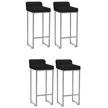 Imagem de Kit 04 Banqueta Alta Mia Com Encosto Cozinha Bistrô Bar Balcão Ferro Cinza Corino Preto - Amey Decor