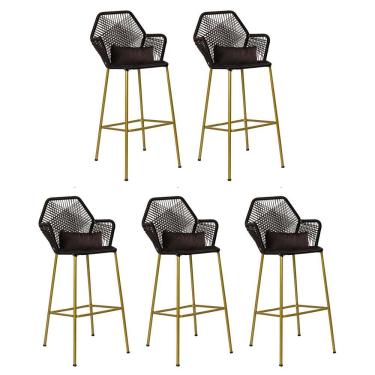 Imagem de Kit 05 Banqueta Alta Com Encosto Sttar Balcão Ferro Dourado Fibra Preto Almofada Suede Marrom