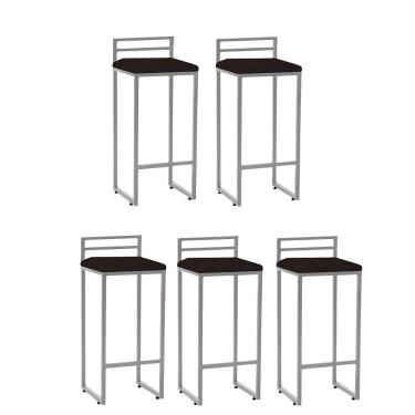 Imagem de Kit 05 Banqueta Alta Com Encosto Petra Balcão Bar Cozinha Bistrô Ferro Cinza Corino Marrom