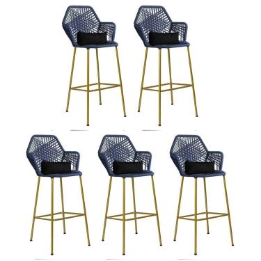 Imagem de Kit 05 Banqueta Alta Com Encosto Sttar Ferro Dourado Fibra Azul Marinho Almofada Sintético Preto