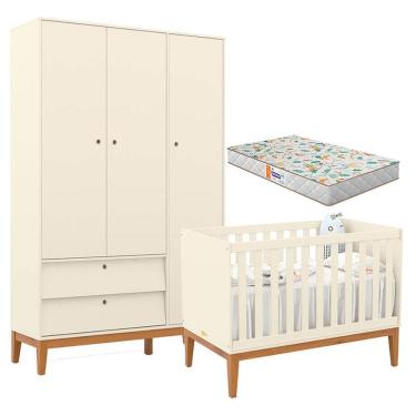 Imagem de Berço Americano E Guarda Roupa Unique 3 Portas Off White Eco Wood Com Colchão Gazin - Matic