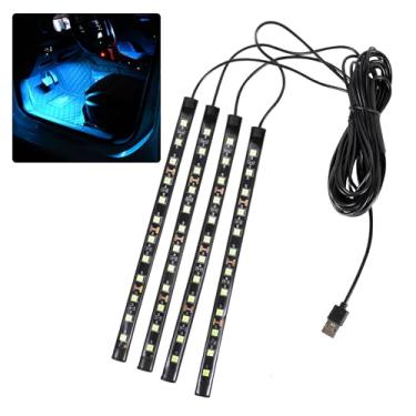 Imagem de Ongfuwu Fita de LED para carro, 12 V 48 luzes LED para atmosfera interior sob o painel, lâmpada decorativa universal para interior automotivo com porta USB, acessórios de carro SUV de caminhão (azul