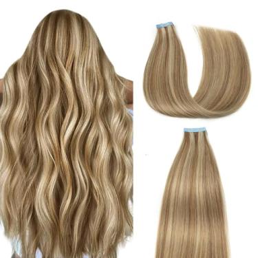 Imagem de AGMITY Extensões De Cabelo Humano Com Fita, Castanho, Mechas, Loiro Descolorido, 18" (20 Unidades, 50G/Pacote), Liso, Sem Costura, Trama, Pele Invisível, Grossas (18" #P6-613)