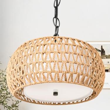 Imagem de SUNLUMI Lustre De Vime Farmhouse Com Cúpula Tecido E 2 Níveis, Luminária Pendente Estilo Boho Drum 3 Luzes Corrente Ajustável, Cesta Trançada À Mão Para Sala Jantar, Cozinha Estar