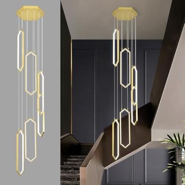 Imagem de FDPBY Lustre Moderno Dourado Com 6 Anéis, Luminária Pendente Retangular De 84 W, Led Para Sala Estar, Hall Entrada, Suspensa Teto Alto, Jantar