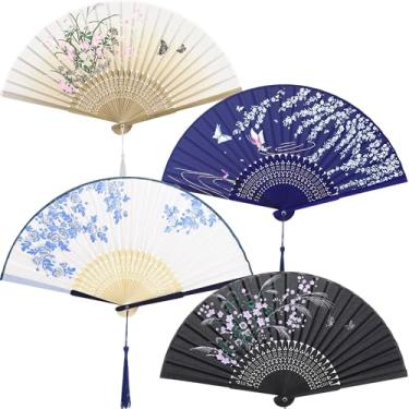 Imagem de Aneco 4 peças de ventiladores dobráveis de bambu ventilador de tecido de seda ventilador de mão segurando as mãos (4, cor F)