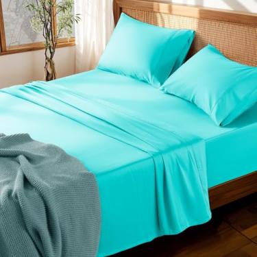 Imagem de LBRO2M Jogo de lençol 100% algodão com bolso profundo de 48 cm, 1000 fios, tamanho casal, 4 peças, roupa de cama macia e confortável para todas as estações (casal, verde lago)