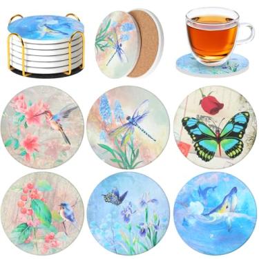 Imagem de Saraudy Conjunto de 6 porta-copos de cerâmica com suporte, estilo mandala, porta-copos absorvente para decoração de casa, copos, canecas e copos (natureza verde)