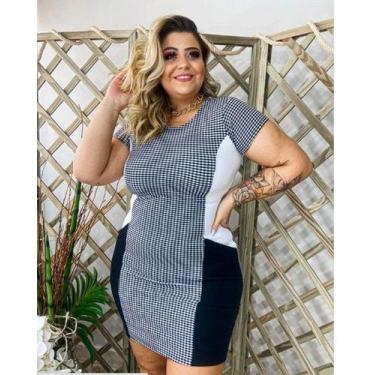 Imagem de Vestido curto plus size colado luxo com manga xadrez elastano bolsos l