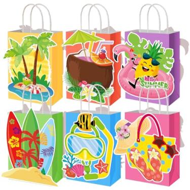 Imagem de MotiMind 24 peças de lembrancinhas havaianas de festa na piscina, sacos de presente de papel Aloha de verão com alças tropicais Havaí para presentes de festa de férias Aloha Luau