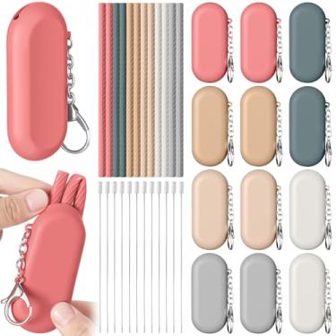 Imagem de Honeydak 12 conjuntos de canudos de silicone reutilizáveis - Canudos dobráveis dobrados padrão de 20 cm, bolsa de transporte com chaveiro, escova de limpeza, silicone platina de grau alimentício, cor