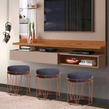 Imagem de Puff Aramado Babu Com Armação Bronze Estofado Em Linho