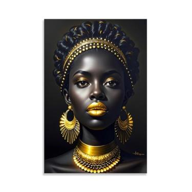 Imagem de Arte de parede afro-americana emoldurada, pôsteres de mulher africana, pintura em tela, preto dourado, emoldurado, para quarto, banheiro, escritório, decoração de casa, pôster 60 x 40 cm (24 x 16 pol)