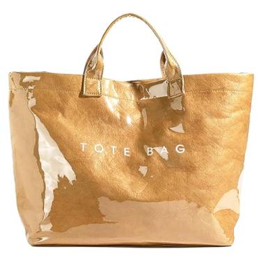 Imagem de hibear Sacola feminina de PVC de plástico transparente com letras impressas, bolsa Hobo, grande, bolsa de trabalho, Marrom, 13.19 x 5.71 x 11.81 inches