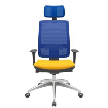 Imagem de Cadeira Office Brizza Tela Azul Com Encosto Assento Poliéster Amarelo 
