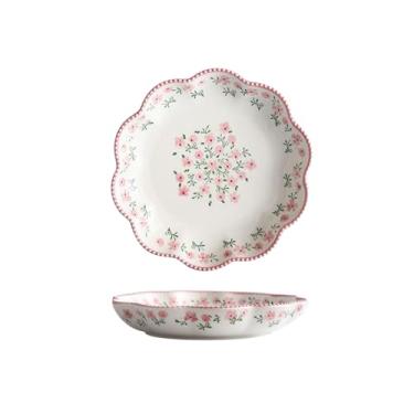 Imagem de Prato de cerâmica com padrão de flores coloridas sob o esmalte, prato de massa de salada de flores - rosa