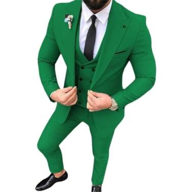 Imagem de Homens Blazer Calças Colete 3 Peças Ternos Slim Fit Casual Padrinhos Lapela Smoking De Negócios Para Formal, Green, M