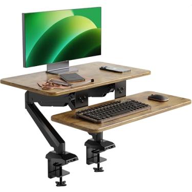 Imagem de Claiks Estação de trabalho com suporte sentado de 61 cm, conversor de mesa ergonômico e ajustável em altura com ampla bandeja de teclado, fixação dupla e função de rotação flexível, marrom rústico