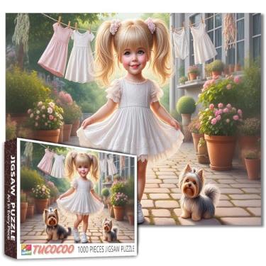 Imagem de Tucocoo Quebra-cabeça de 1000 peças para adultos, linda garota com cachorros Yorkie no jardim de flores – pátio peculiar, quebra-cabeça estético vintage para relaxamento, jogos familiares, artesanato
