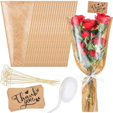 Imagem de Gilprop Pacote com 50 sacos de embrulho de flores de 41,5 cm, mangas de embalagem floral de papel kraft com suporte de cartão floral, fitas e buquê de cartão de agradecimento, mangas de embrulho de