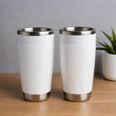 Imagem de Copo Térmico Parede Dupla em Aço Inox Branca 350ml com Base Antiderrapante - Estilo Texturizado