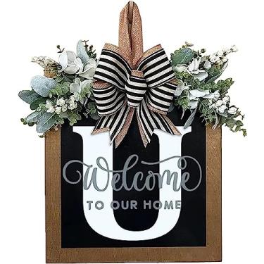 Imagem de 2023 Novo sobrenome ano inteiro guirlanda de porta da frente decoração de varanda frontal 26 letras sinal de boas-vindas com guirlanda de eucalipto e grinaldas de mola de arco para porta da frente