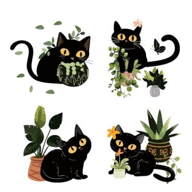 Imagem de GORGECRAFT 4 peças, 4 estilos, adesivos de janela de gato preto, 15,5 cm, redondo, vasos de plantas, removíveis, adesivos decorativos para porta deslizante, janela anticolisão, alerta para decoração