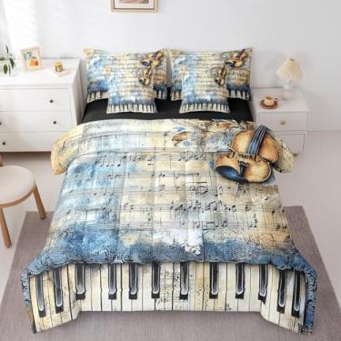 Imagem de Erosebridal Jogo de cama Queen com 7 peças, estilo arte pastel, retrô, guitarra, notação musical, para crianças, meninos, meninas, aquarela, estilo arte pastel, dégradé com edredom, azul e marrom