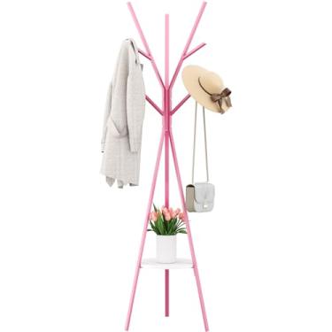 Imagem de Cabide para casacos, suporte para chapéus, expositor, corredor, árvore, metal, suporte de armazenamento de roupas, com 9 ganchos para roupas, chapéus e cachecóis, rosa, 44 cm L x 44 cm P x 177 cm