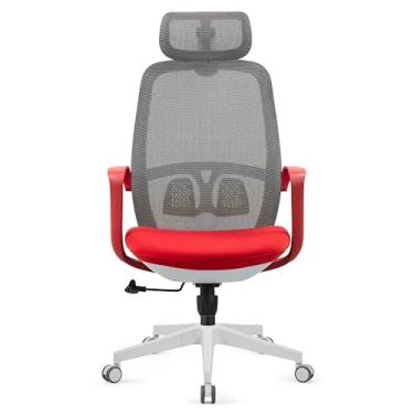 Imagem de Cadeira de escritório ergonômica moderna com encosto de cabeça, almofada de assento grossa, encosto de malha, rotação de 360°, altura ajustável, suporte lombar (vermelho)
