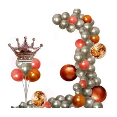 Imagem de 44 Balões Bexiga Guirlanda + Coroa Metalizada + Fita Arco(Prata)