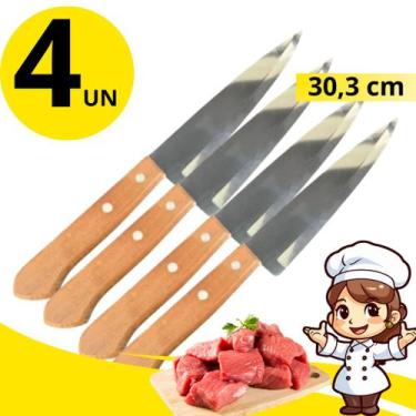 Imagem de Kit com 4 Facas Inox 30,3cm Cabo Madeira Rústico Ideal para Cozinha e 